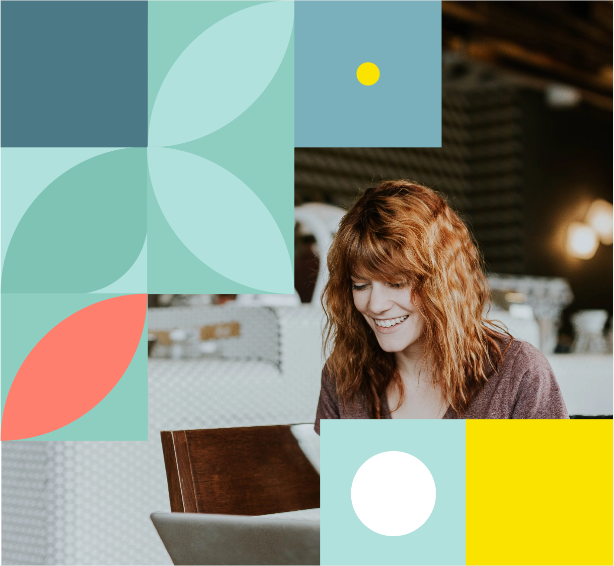 Merchants brand pattern collage with a photo of a woman smiling at her laptop