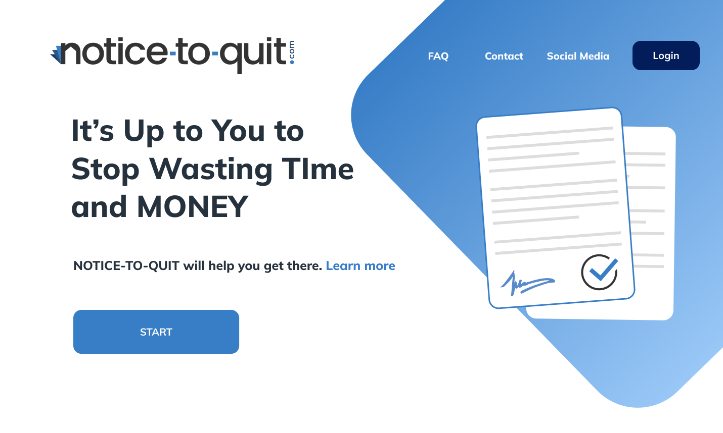 Notice to Quit — original landing page hero, before the brand-warming pass