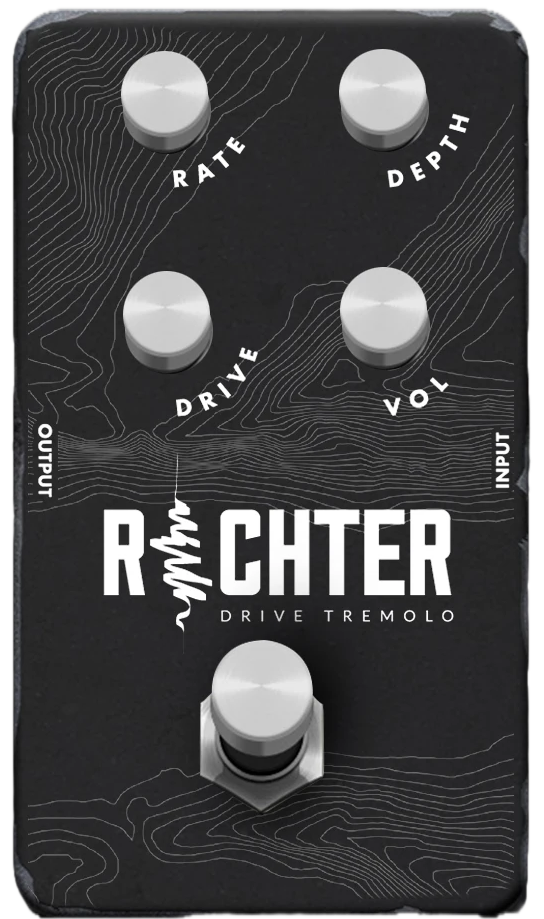 Richter drive tremolo pedal — the brand identity applied to the physical product